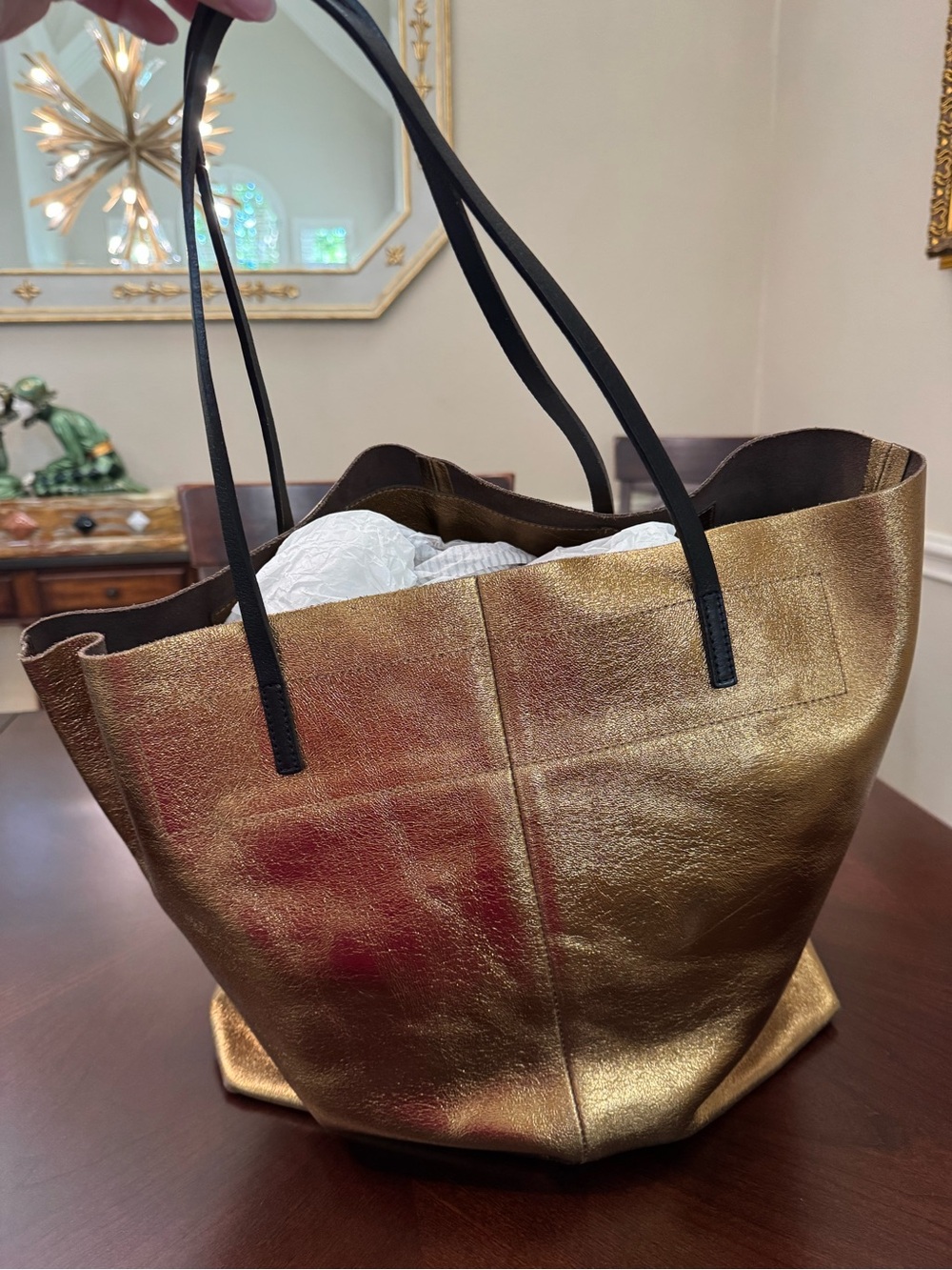 Gold Metallic Leather Linde Gallery Tote Bag with Black Straps
